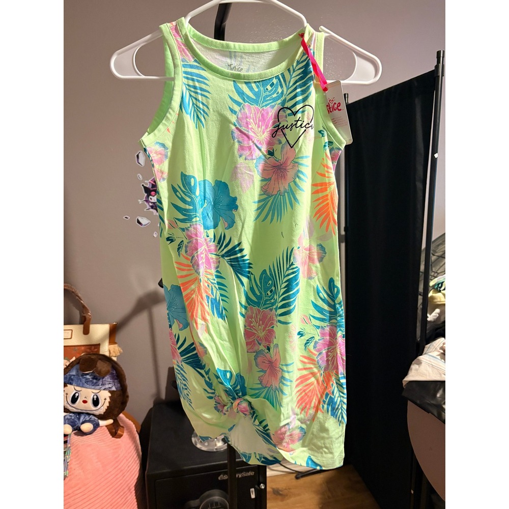 Justice Girls Lime Green Tropical Floral Tie Front Tank Dress Youth Medium 10